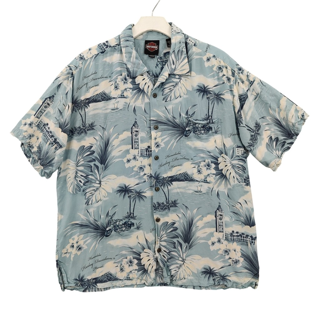 Harley-Davidson Mens Biker Aloha Honolulu Hawaii Shirt XL Blue Tropical Viscose